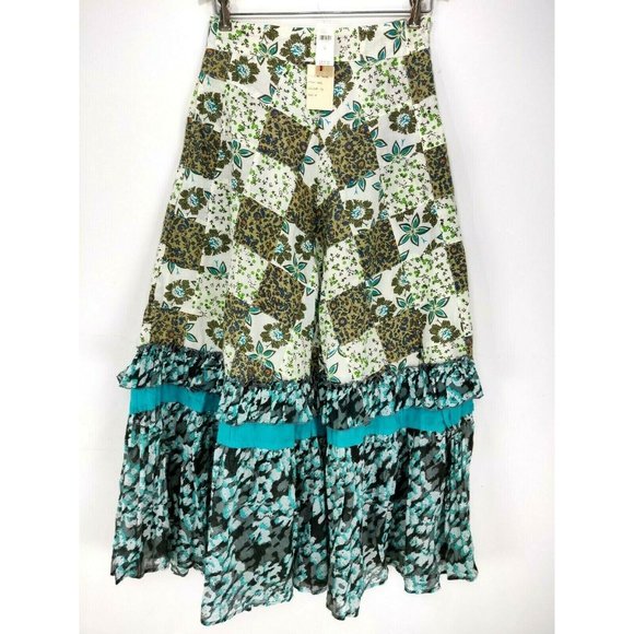 $170 Anthropologie Raga Size M Floral Patchwork Ruffle Lined Maxi Skirt Boho - Picture 2 of 9